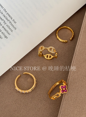 晚睡的桔梗「一花金」沙金花朵轻奢百搭猪鼻子戒指叠戴开口食指戒