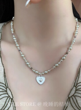 晚睡的桔梗I珍珠爱心项链
