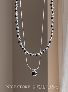 晚睡的桔梗「黑山」小众百搭复古碎银玛瑙项链日韩椭圆吊牌锁骨链