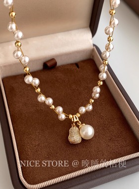 晚睡的桔梗「落蒂」轻奢小众编织珍珠花生项链精致正圆百搭锁骨链