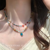 晚睡 桔梗「玛莎」民族复古海蓝色天然石玛瑙串珠项链叠戴锁骨链