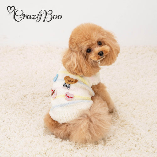 可吉步 Crazy Boo日本品牌宠物服 标章棉花糖毛衣 彩虹条布贴装饰