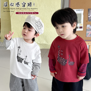 阿小轩童装秋季新款【长颈鹿】儿童假两件长袖T恤男童百搭卫衣