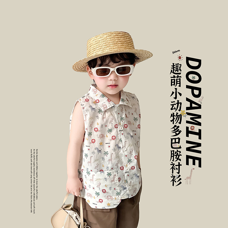 阿小轩2025夏季新款男童粉色小动物宝宝无袖纯棉上衣儿童可爱衬衫