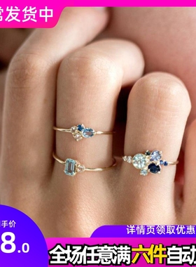 POLYSUTT热卖新款镀18k黄金三套戒 欧美镶托帕石仿海蓝色宝石戒指