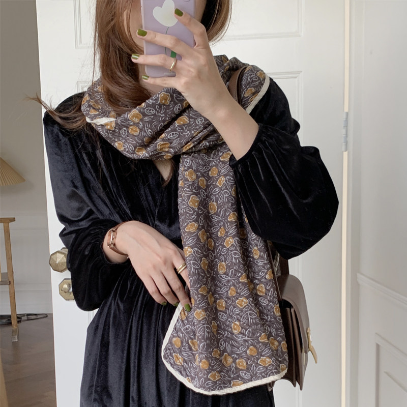 韩版名媛气质包边褶皱工艺碎花长条双面围巾女冬季复古保暖围脖女