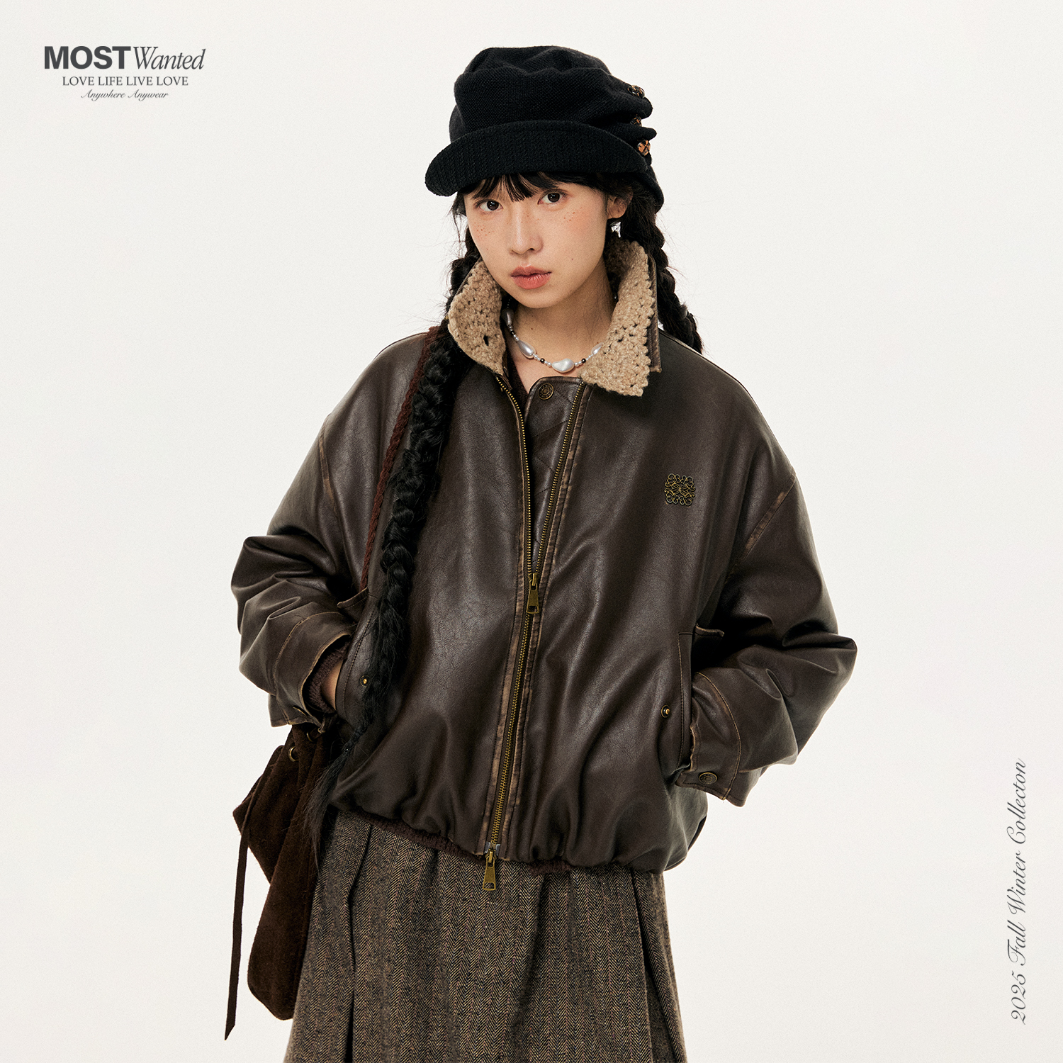 mostwanted手工钩针花苞下摆皮衣外套女2025新款冬装棉夹克外套