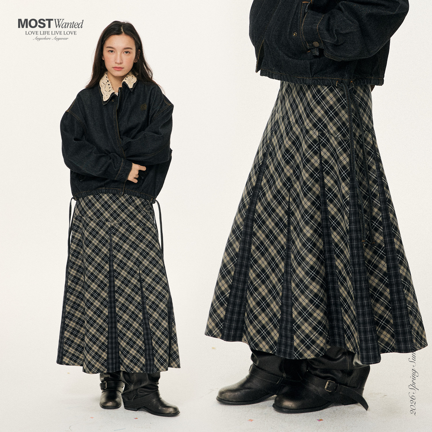 mostwanted格纹不规则拼接插片长裙2026新款春季灰色半身裙女冬,女装/女士精品,半身裙,淘宝优惠券,粉丝福利购,淘宝优惠卷