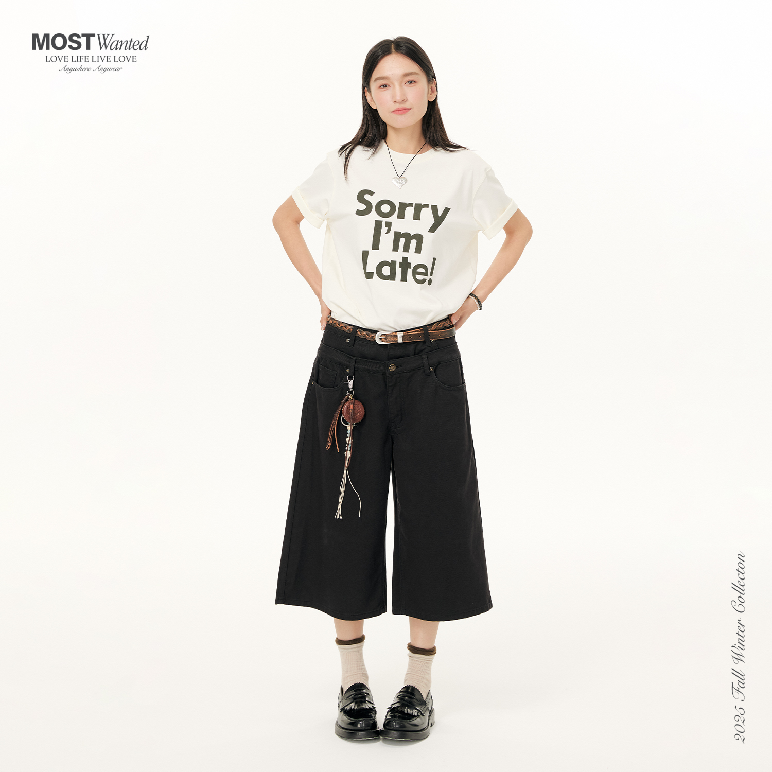 mostwanted双腰头纯色宽松七分阔腿休闲裤廓形A字中裤通勤短裤