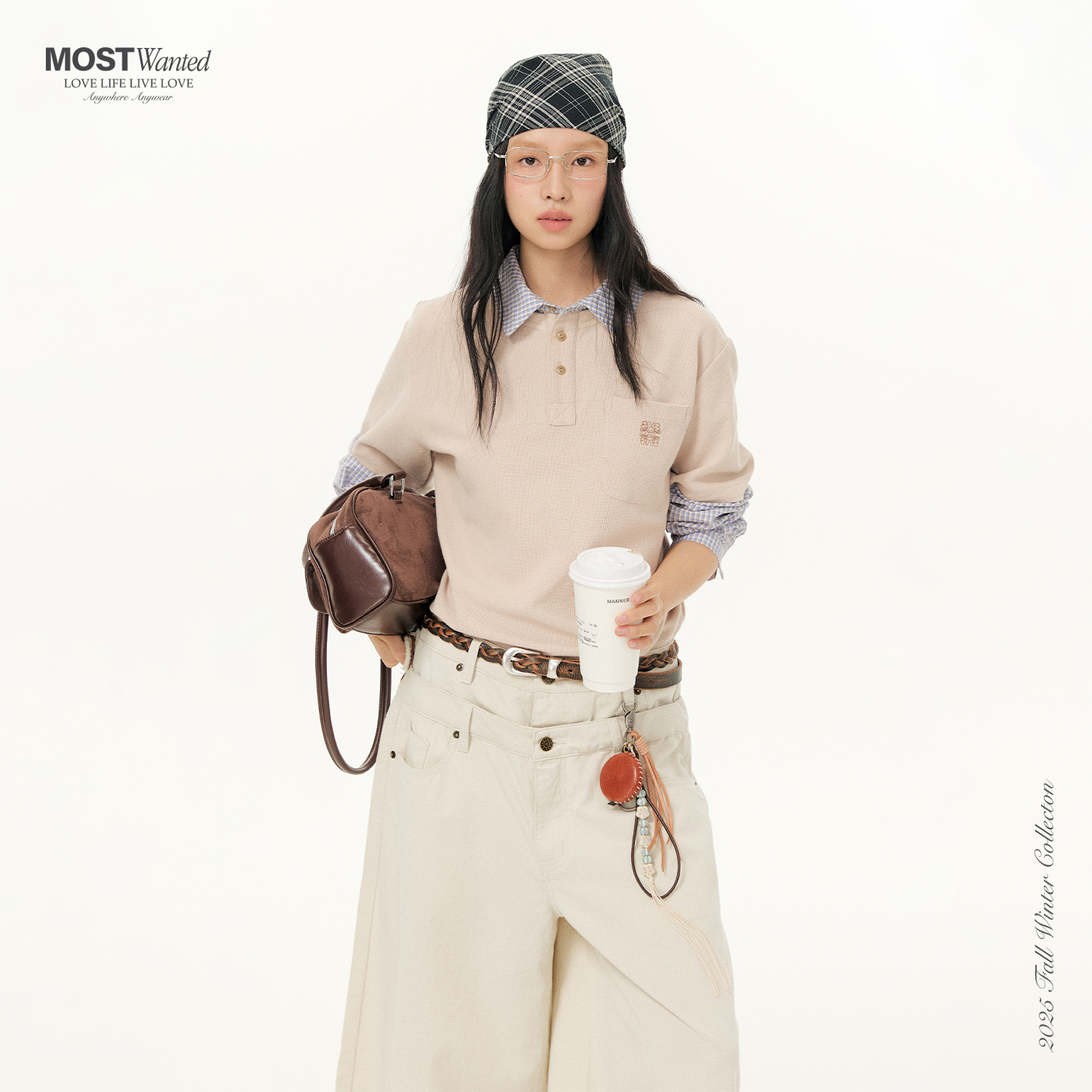 mostwanted 衬衫领Polo格纹假两件长袖T恤miu系高智风刺绣通勤