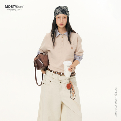 mostwanted 衬衫领Polo格纹假两件长袖T恤miu系高智风刺绣通勤