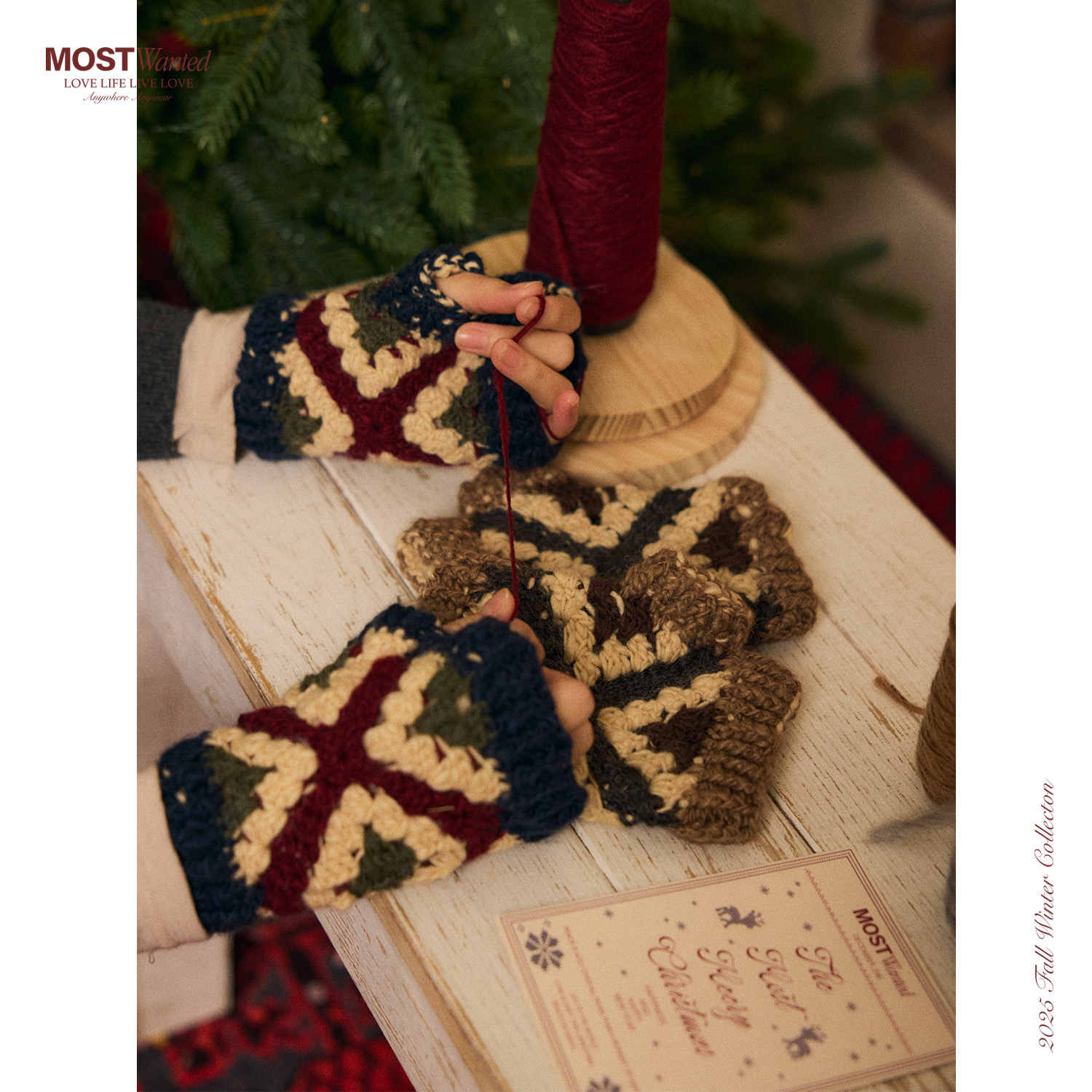 【12.8 20点上新内购会8折】mostwanted撞色手工钩花加厚半指手套