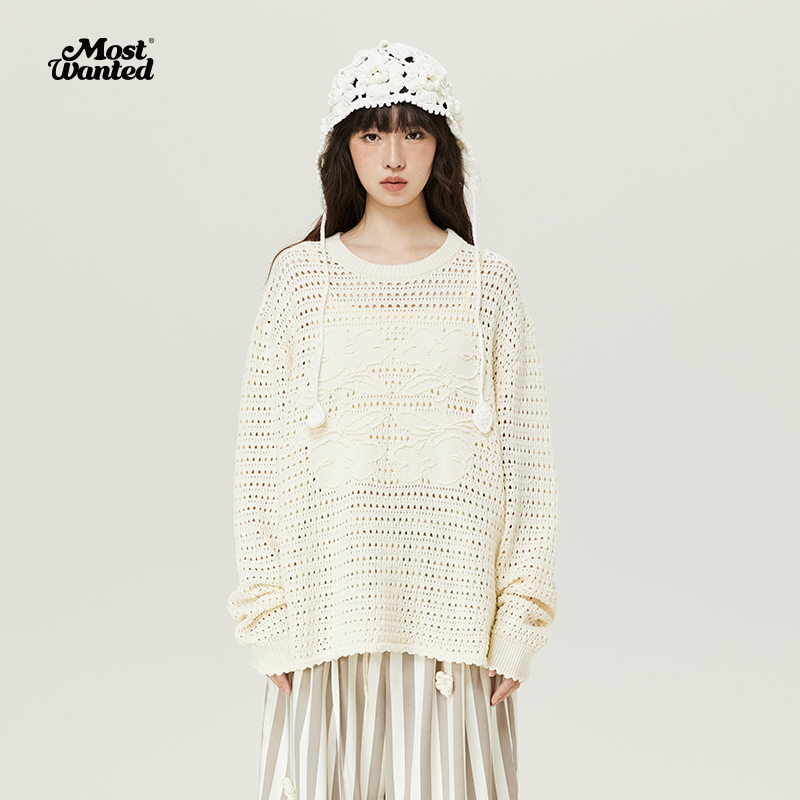 小花四方连续镂空长袖针织衫