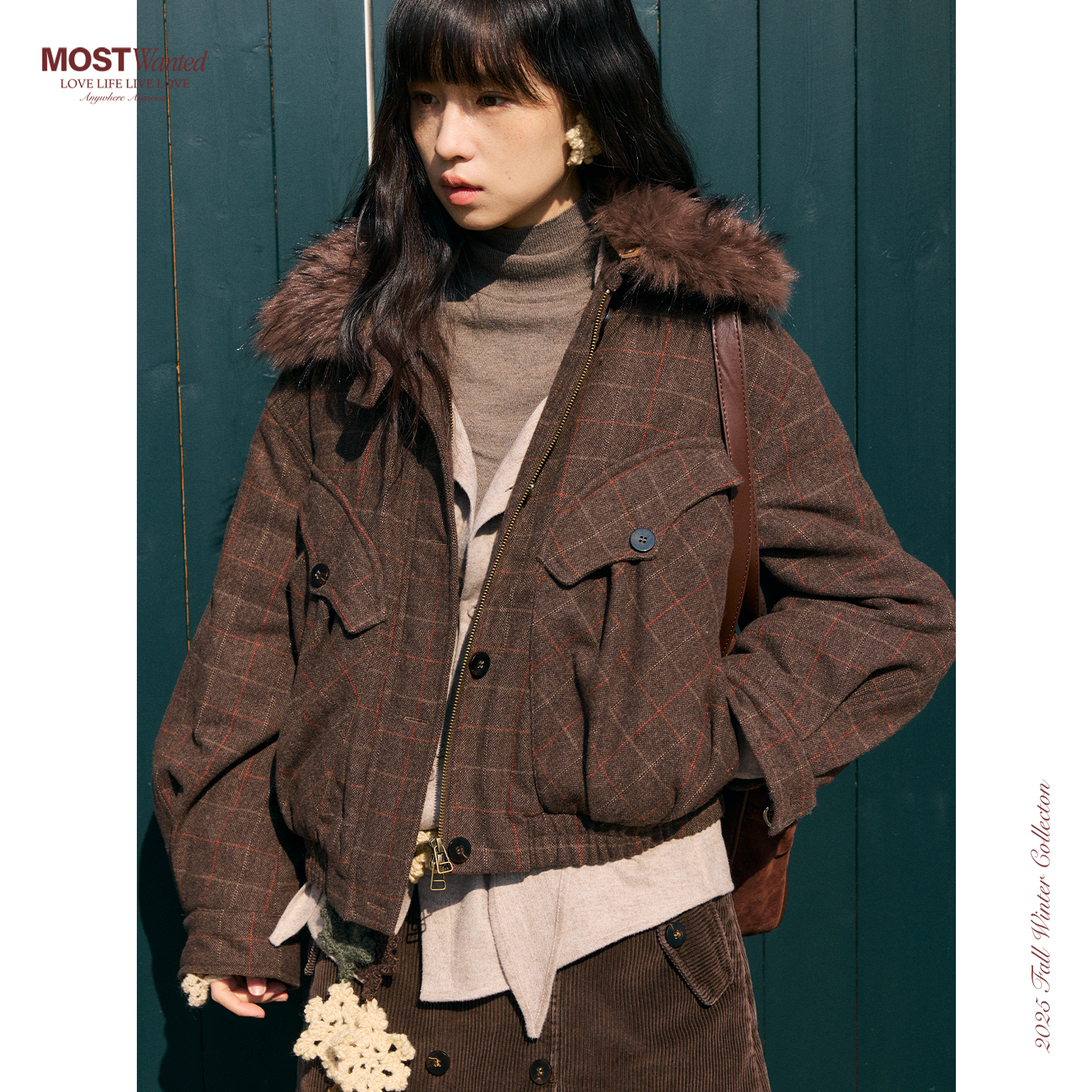 【12.8 20点上新内购会8折】mostwanted格纹可脱卸皮草呢夹棉夹克