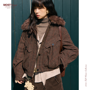 mostwanted格纹可脱卸领皮草呢夹棉夹克棉服女款2026新款冬季