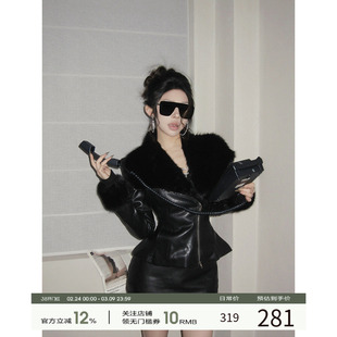 福尔尼斯悦 毛领皮衣外套女高级感2025冬季短款收腰加厚皮夹克