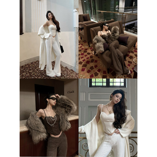 福尔尼斯悦 辣妹套装女2025冬季蕾丝拼接吊带上衣毛绒长裤两件套