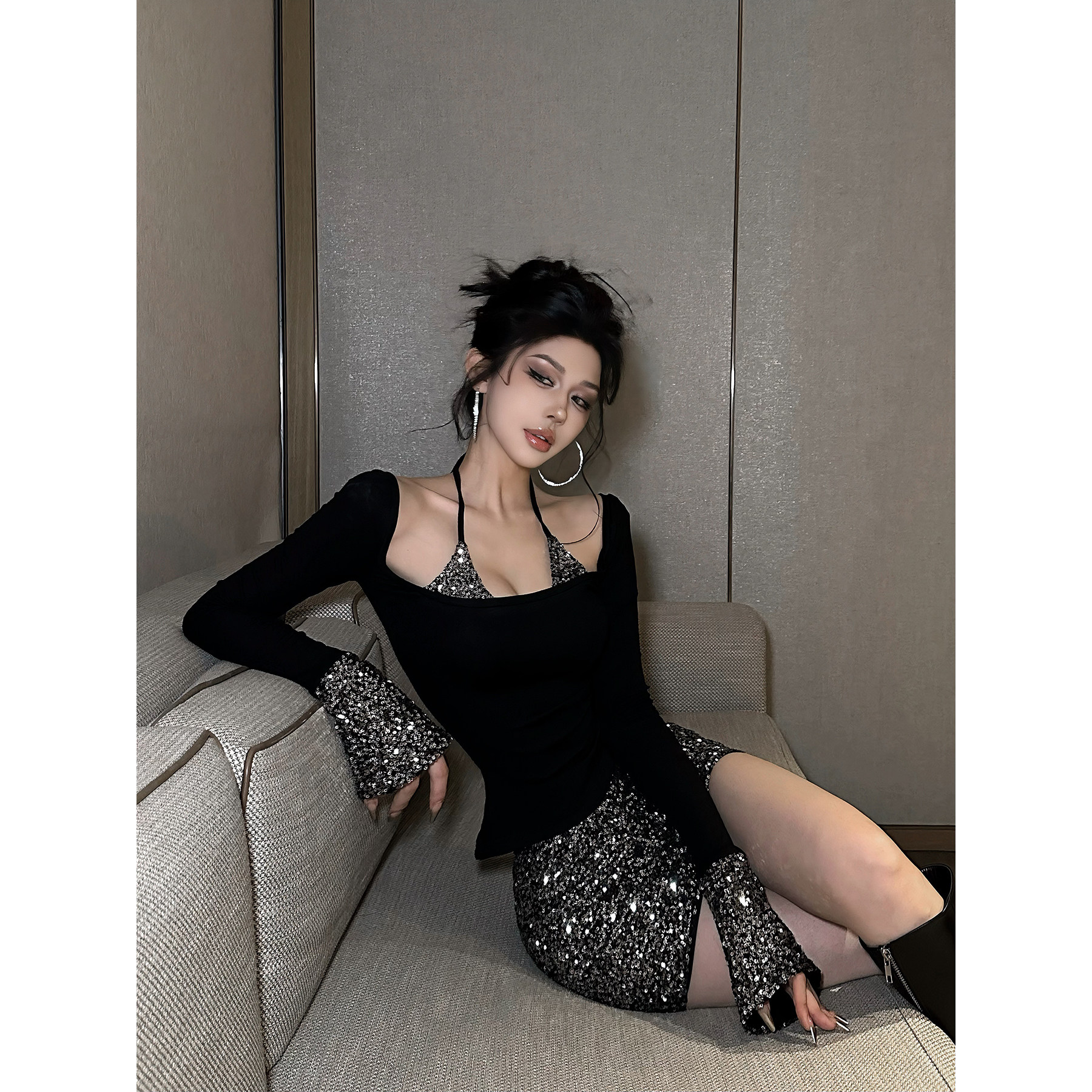 福尔尼斯悦 高级感穿搭套装女2025冬新款辣妹拼接上衣短裙两件套