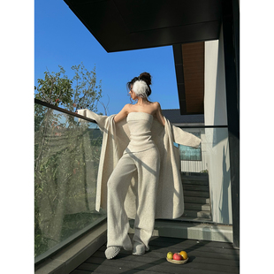 福尔尼斯悦 韩系针织套装女2025冬季新款抹胸开衫裤子穿搭三件套