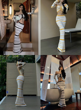 FORNIS 辣妹条纹长袖绑带抹胸上衣性感包臀裙F26Y50095+F26Q50096
