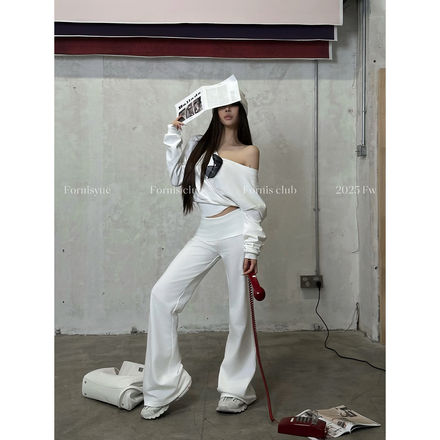 FORNIS  斜肩宽松长袖T恤休闲阔腿裤套装F25M3756+F25K3757