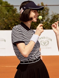 Hazzys哈吉斯条纹短袖Polo衫女士新款英伦风休闲运动宽松纯棉T恤