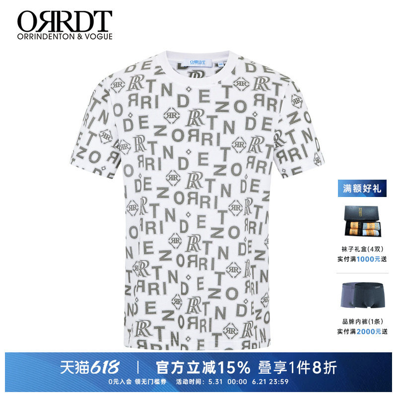 ORRDT澳林丹顿满版字母印花短袖T恤男圆领摇滚标语内搭潮流上衣