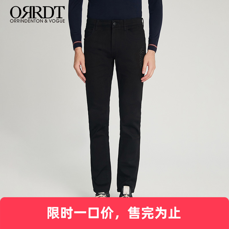 男装男士牛仔裤黑色休闲刺绣长裤