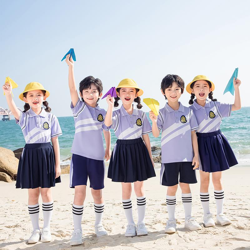 幼儿园园服夏季短袖紫色套装小学生校服运动班服六一儿童节演出服