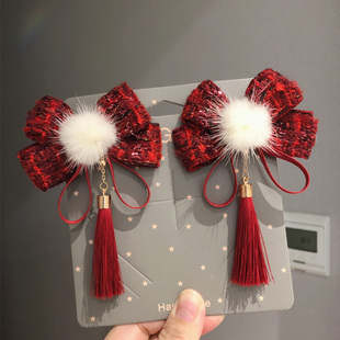 儿童发夹发饰红色新年喜庆蝴蝶结流苏对夹女童过年头饰古风发卡