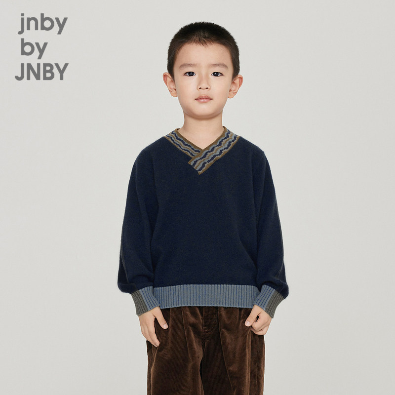 江南布衣童装长袖羊绒衫V领保暖拼接休闲冬男女童儿童jnbybyj