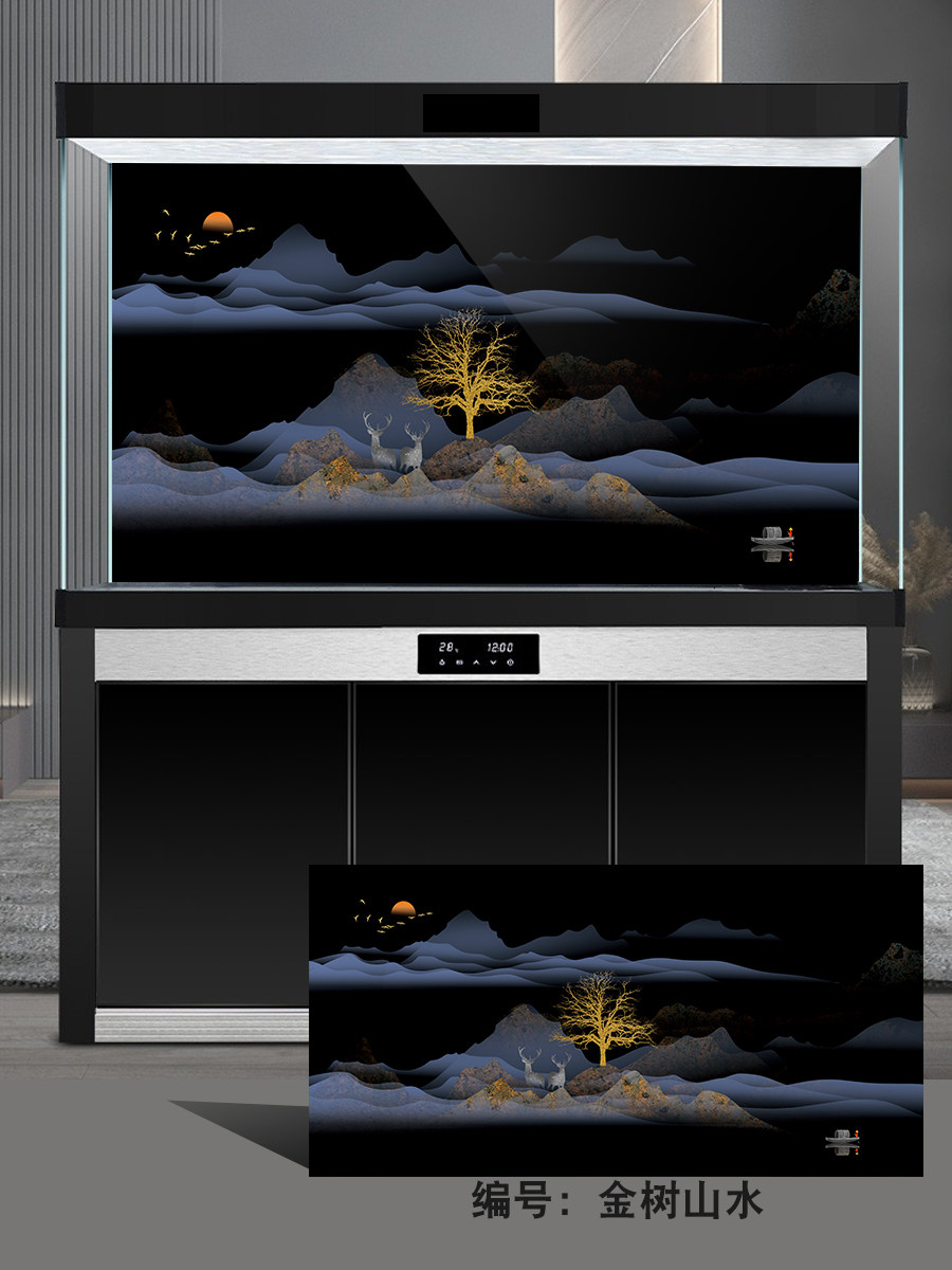 定制鱼缸背景贴纸画高清图国画山水壁画3d壁纸黑底金色图金树山水