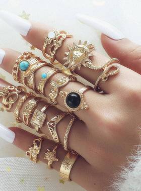 Hot selling fashion black hollowed ring set 夸张关节戒指女式