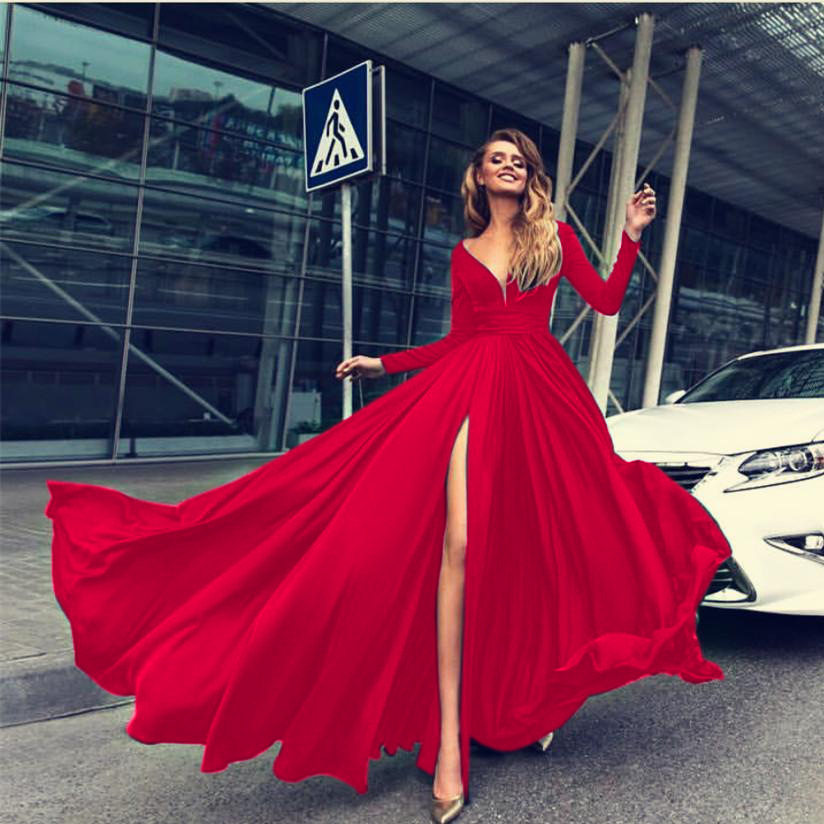 Evening dress纯色性感深V长袖连衣裙婚纱照婚礼派对拍照礼服长裙