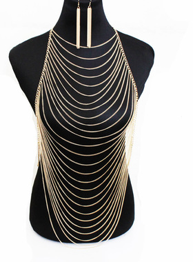 新款欧美饰品 潮流个性时尚项链 金色链条流苏夸张身体链