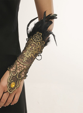 欧美跨境热卖性感夸张复古羽毛手链 金色花边蕾丝手臂链一只手链