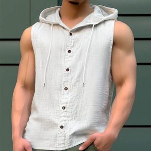连帽透气宽松上衣 2025欧美夏季 坎肩衬衫 休闲无袖 Men 男士