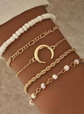 5piece fashion moon Bracelet women时尚月亮覆古米珠手錬饰品女