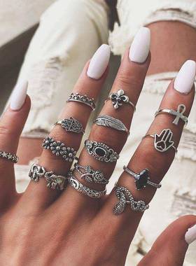 Retro fashion European style flower leaf joint ring set戒指