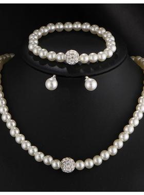 欧洲和美国简单的新娘项炼珍珠珠宝三件套项炼套装女性珠宝