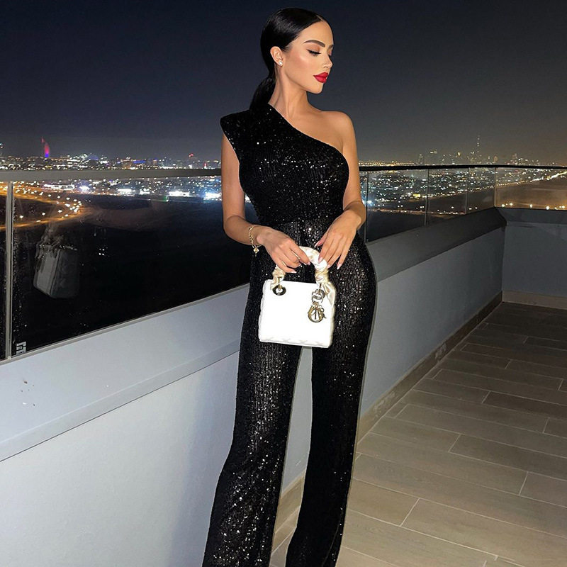 欧美纯色时尚单肩亮片连体裤聚会派对长裤女Sexy Party Jumpsuit
