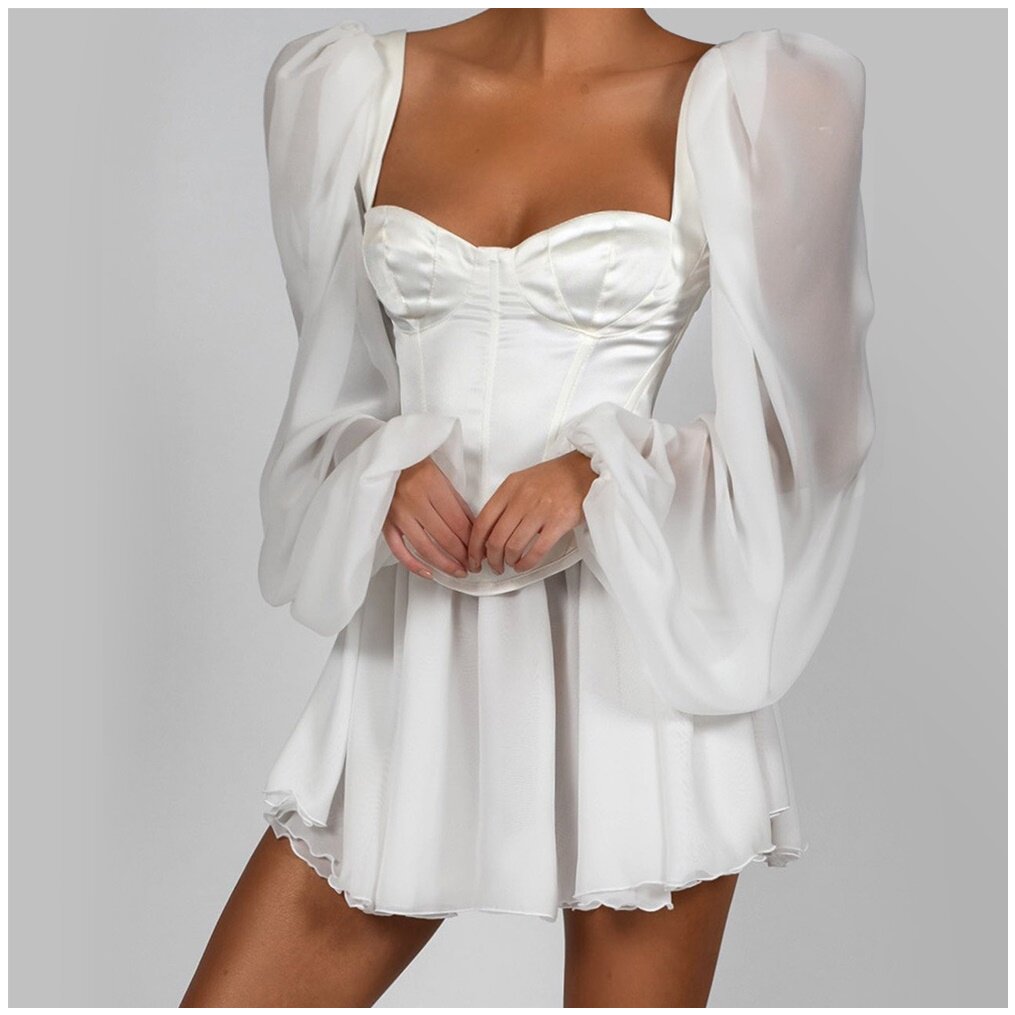 雪纺灯笼袖长袖方领裹胸连衣裙短裙Chiffon Lantern Sleeve Dress