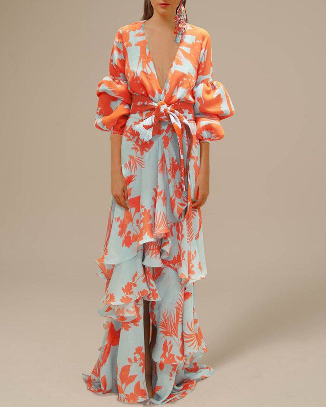 印花度假连衣裙深V领不规则波西米亚长裙女Holiday print dress