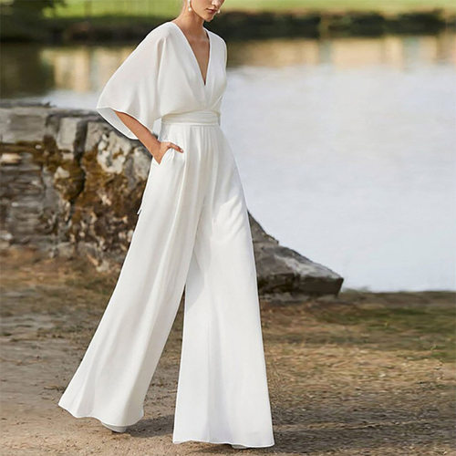 Deep V-neck high waist jumpsuit 欧美女礼服连体裤深V高腰阔腿