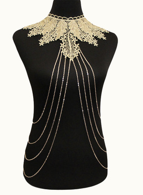 2022新款性感欧美蕾丝花叶子多层流苏身体链假领子项链热销女配饰