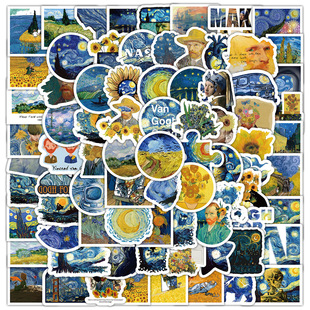 100张梵高贴纸艺术复古油画风笔记本滑板车防水DIY装 饰涂鸦贴画
