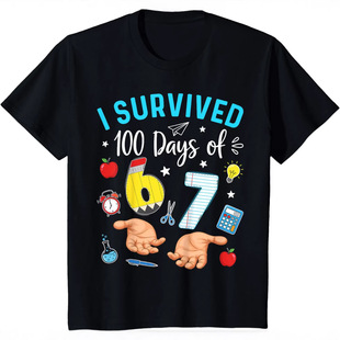 新款100 Days Of School 67印花圆领短袖T恤休闲宽松儿童上衣