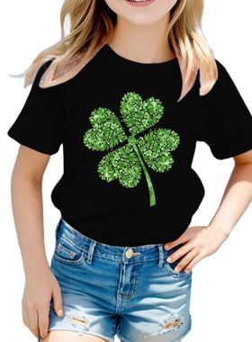 新款St Patrick's Day心形四叶草印花时尚儿童短袖宽松T恤