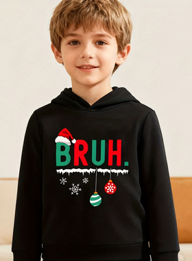 2025圣诞节BRUH趣味印花儿童加绒卫衣秋冬潮流男女童装连帽衫