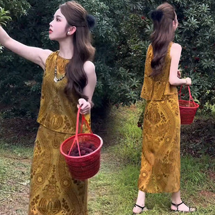 新款 女2025夏季 洋气显瘦后背开叉上衣半身裙 连衣裙套装 时尚